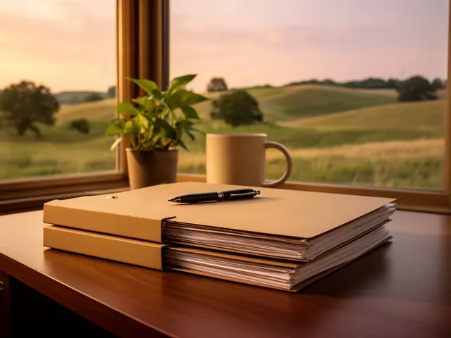 Stack of kraft-brown file folders with a pen beside a mug and pothos at a window over rolling hills