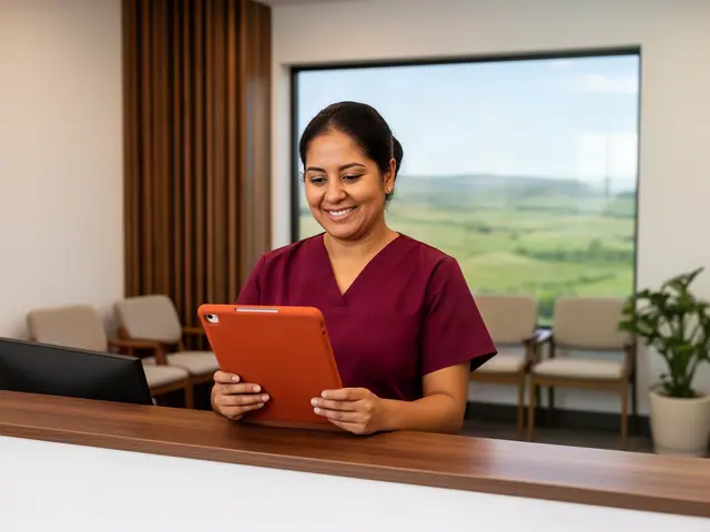 Dental office manager in wine-red scrubs smiling at an orange-cased tablet behind a reception counter