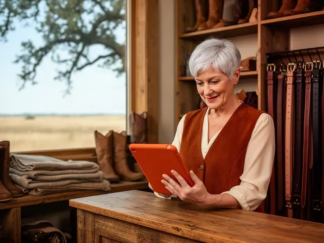 Silver-haired western-wear shop owner in a rust suede vest reviewing an orange-cased tablet at a rustic counter