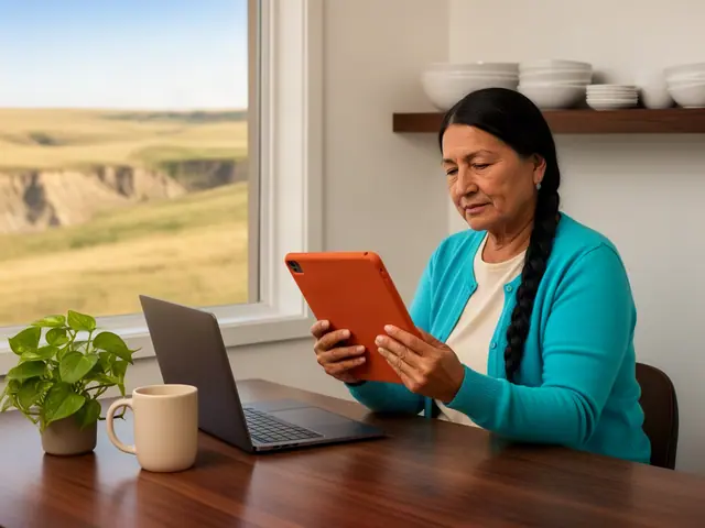Catering business owner in a turquoise cardigan reviewing an orange-cased tablet at a desk beside a laptop and mug