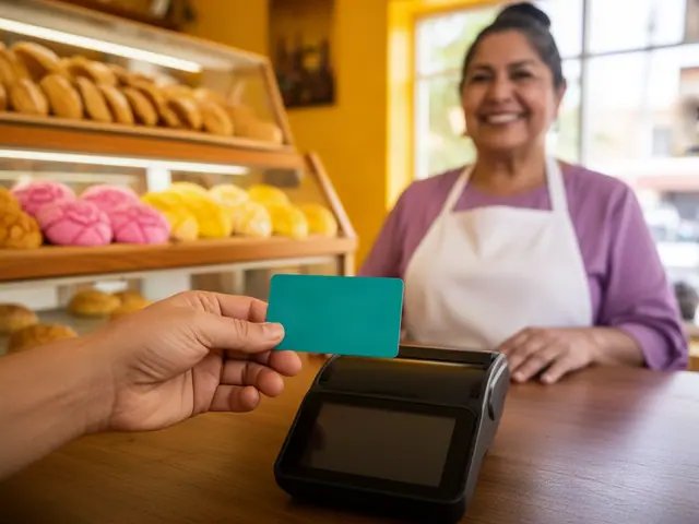 A customer's hand holds a teal card above a payment terminal while a smiling bakery owner waits behind the counter