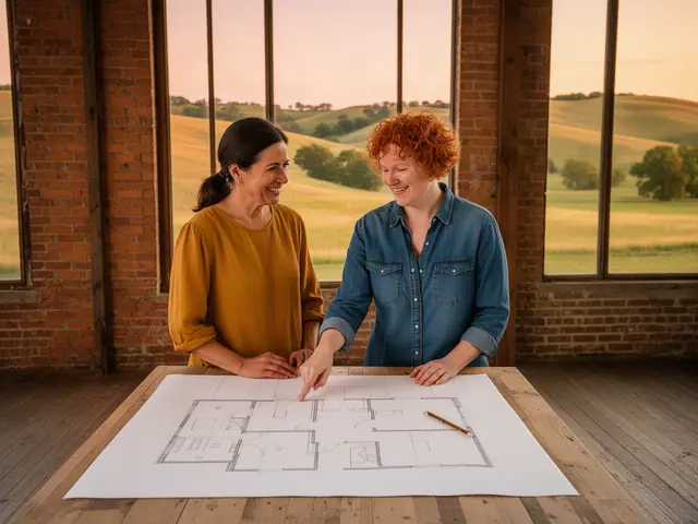 Two business partners smiling at a large pencil floor-plan sketch on a wooden table in an empty brick storefront