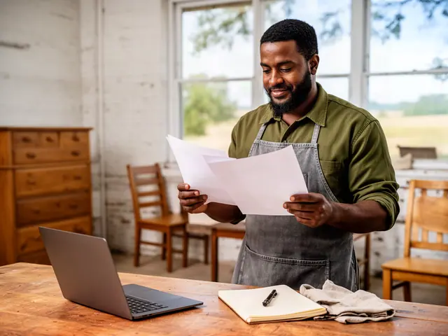 Furniture refinisher in an olive shirt and grey apron reads printed sheets beside a laptop in his workshop
